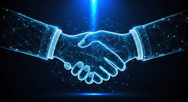 Handshake of partnership and agreement in a digital realm
