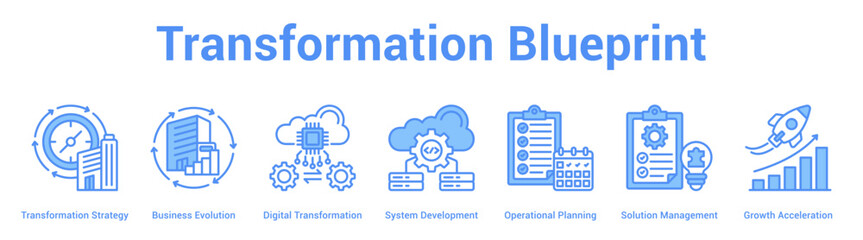 Obraz premium Transformation Blueprint web banner icon set vector illustration concept for business with icon of Transformation Strategy, Business Evolution, Digital Transformation, System Development, Operatio.