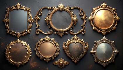 A collection of ornate golden frames and shields with intricate designs arranged on a textured dark surface is displayed