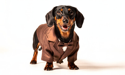 Obraz premium Charming Dachshund Dog in Brown Suit and Bow Tie, Expressing Joy and Elegance, Standing on White Background for Pet Fashion and Fun Concepts