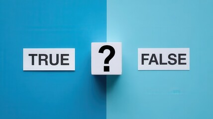 Question mark cube between true and false labels on blue background representing choices and facts