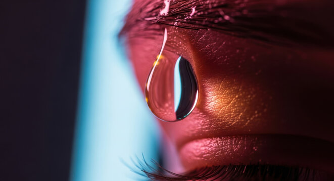 Close up shot captures a large, reflective tear drop hanging from the lower eyelid under deep red and blue illumination.
