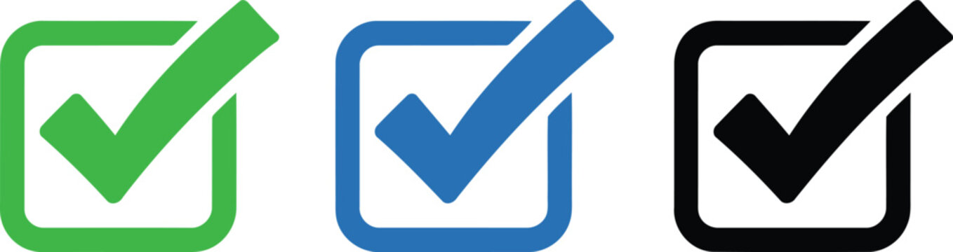 Three distinct checkmarks in green, blue, and black colors within square boxes