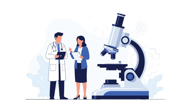 Medical specialists examining samples using a giant laboratory microscope for advanced research and diagnosis.