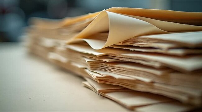 Sustainable Printing: Recycled paper sheets stacked in print workshop
