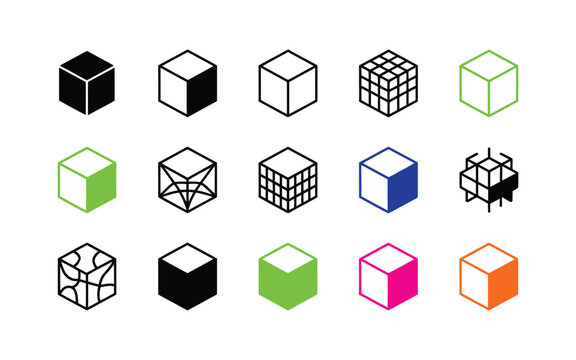 Cube vector icons in various styles and designs on a plain background