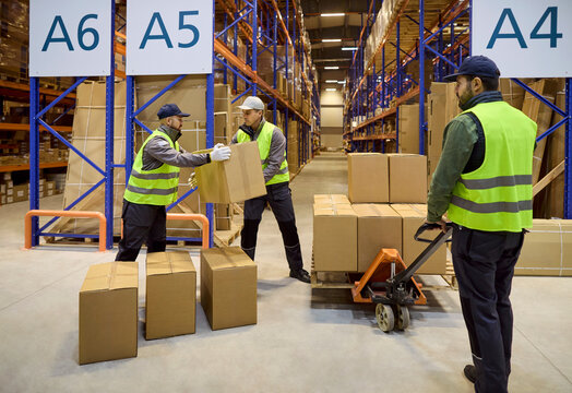 Warehouse workers move boxes on pallet trolley. Tall shelving and aisles show efficient logistics and storage for delivery and shipping. Teamwork drives efficient warehouse operations today.