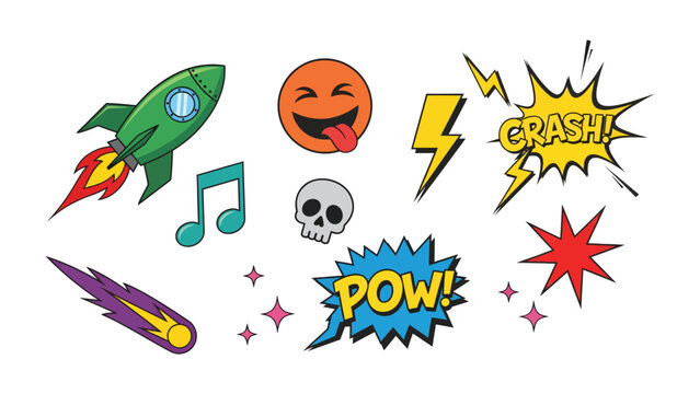 Comic Elements Illustration: A dynamic illustration features a collection of vibrant comic elements, perfect for adding a pop of energy and expression to any project.