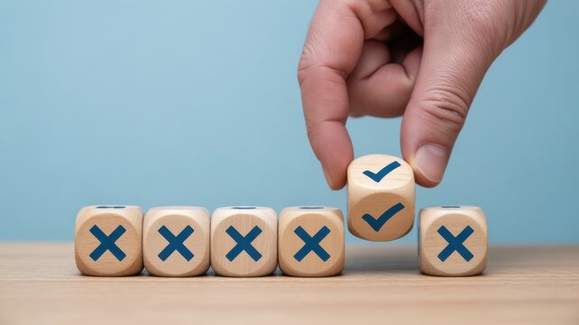 Hand picking a wooden block with checkmarks among blocks with cross symbols, concept for success and decision making