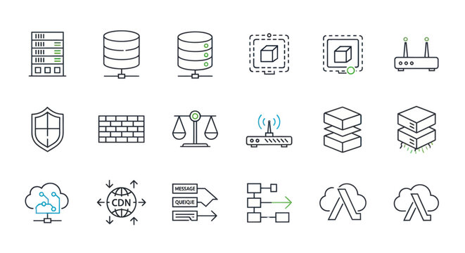 Network infrastructure and cloud computing line icons set