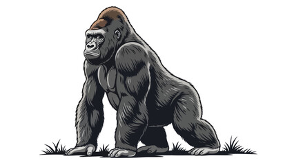 A powerful gorilla stands on a grassy plain. © Gozel