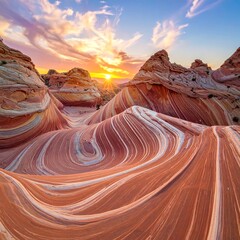 A surreal, dreamlike landscape of swirling sandstone formations