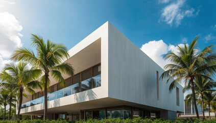 Fototapeta premium Modern white minimalist beachfront house with palm trees and blue sky