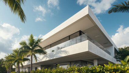 Fototapeta premium Modern white minimalist house with palm trees and glass balcony in sunny tropical setting
