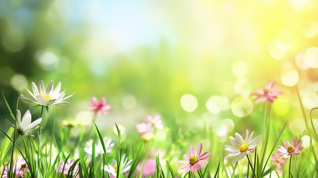 spring background with grass and flowers