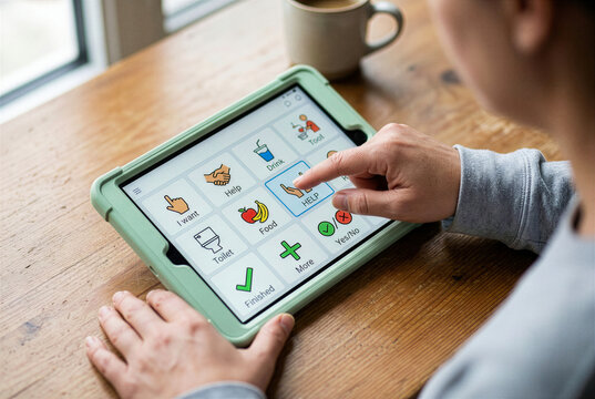 Woman using AAC app on tablet for non-verbal communication, assistive technology for autism and speech therapy, person pointing at help icon on touchscreen device, home setting.