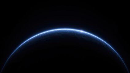 Fototapeta premium Blue planet horizon with thin glowing atmosphere and distant sunrise, serene cosmic light