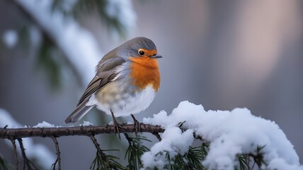Robin perched on snowy branch, winter scene, vibrant orange breast