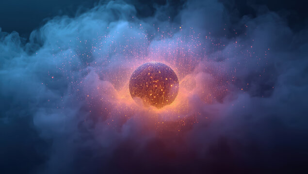 Glowing digital sphere surrounded by smoky cloud and sparks, mysterious ambient lighting