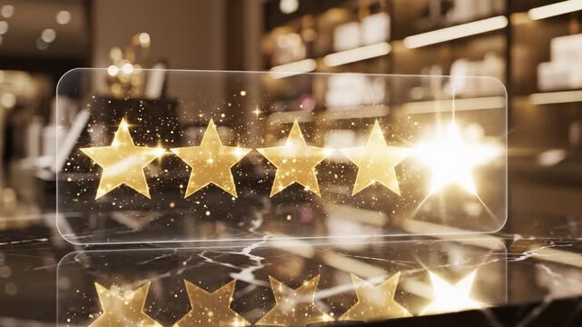 Five golden stars displayed on a transparent screen with sparkling effects, representing excellent rating