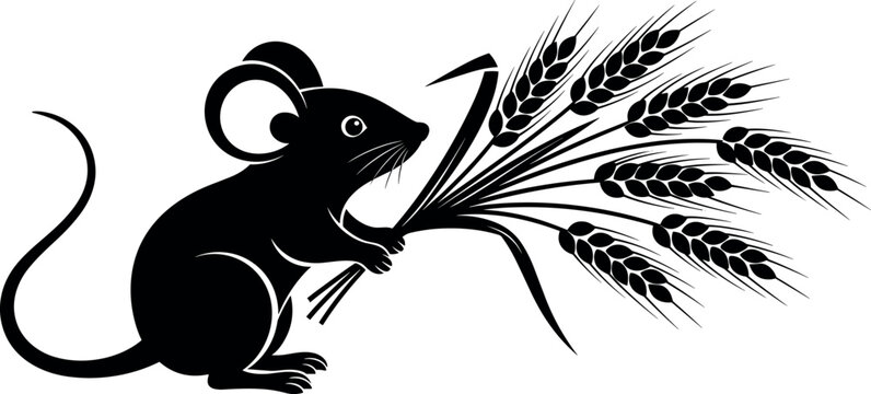 Black silhouette vector illustration of a cute little field mouse holding a bunch of wheat stalks isolated on white background.