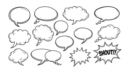 Comic Speech Bubbles: A collection of various comic speech bubbles with blank space, ideal for illustrating thoughts, dialogues, and expressions in a visual storytelling.