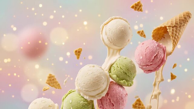 Surreal Scoops of Delight: Colorful Ice Cream Orbs Floating in a Magical Bokeh Dream