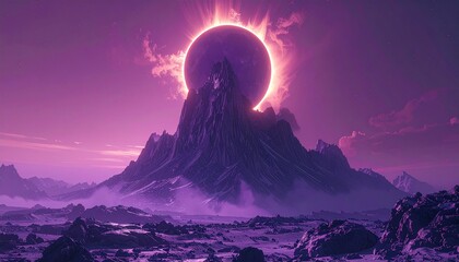 A massive mountain stands under a solar eclipse with a glowing purple sky and rocky terrain.