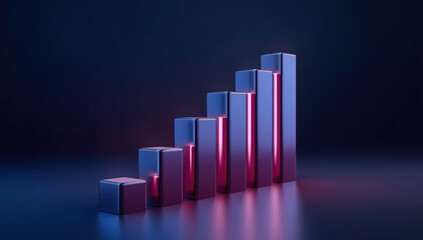 Abstract metallic ascending bar chart with neon reflection and dramatic lighting
