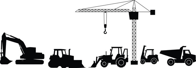 Collection of construction vehicles and a tower crane depicted as black silhouettes against a white background © Mahamudur Creatives