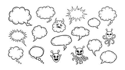Obraz premium Cartoon Bubble Collection: A collection of various comic speech bubbles and expressive characters ready to convey thoughts, ideas, and dialogue, ideal for creative projects.