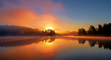 Obraz premium Serene Sunrise Over Misty Lake Landscape Photography Stock Image