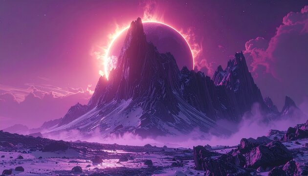 Gigantic mountain floats under a total solar eclipse, casting a mystical purple glow on the landscape.