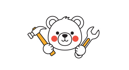 Cute bear holds hammer and wrench for repair theme