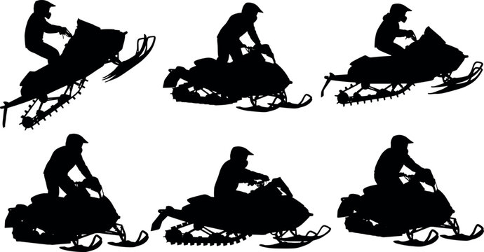 Collection of six black isolated vector silhouettes featuring extreme snowmobile riders enjoying thrilling winter sports activities on white background illustrations