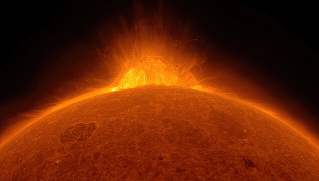 Solar surface with dramatic solar flare and glowing plasma arches, intense orange light