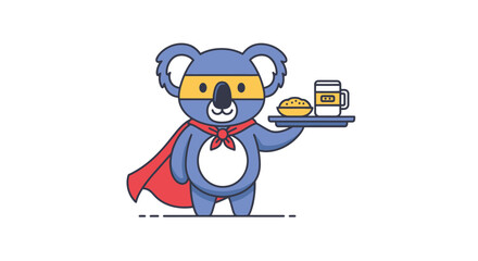 Cute blue koala superhero with cape serving snack tray