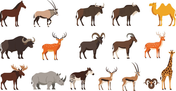 Large Flat Vector Collection of Wild Animals Including Giraffe, Rhino, Camel, Deer, Moose, and Various Antelope Species for Nature and Safari Educational Designs