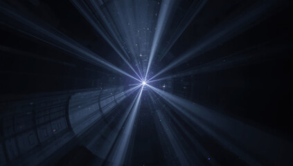 Obraz premium Distant light burst in dark tunnel with radial beams and subtle particles evoking wonder