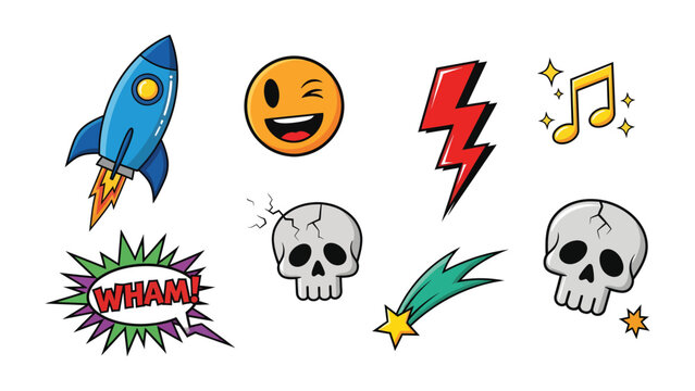 Whimsical Emblems: A vibrant collection of playful icons, including a rocket soaring to the cosmos, a cheerful emoji radiating positivity, a bolt of energy, musical note of creativity.