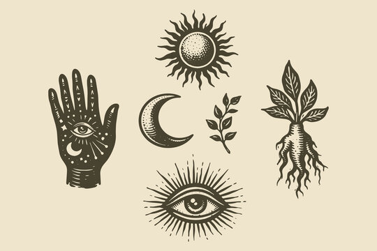 Mystic sun moon hand eye occult engraving vector illustration
