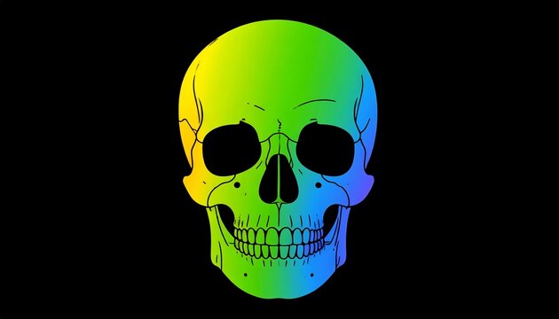 A colorful illustration of a human skull on a black background