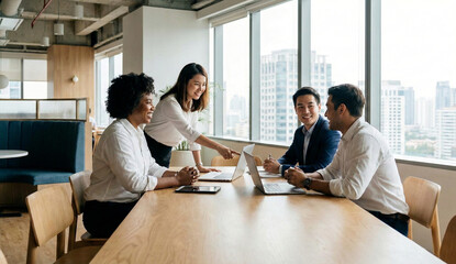Plakat Diverse business team collaborating in modern bright office with city view