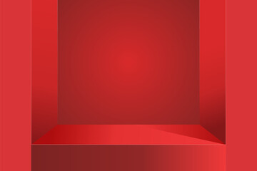 The corner of the red table with light shining down, Blank red product studio background, stage, podium for presentation vector illustration design for display cosmetic or beauty product. Popup store
