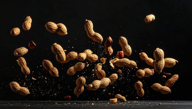 A dark background with peanuts flying through the air