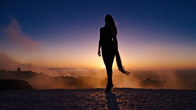 Silhouette of a woman standing at sunset on a horizon ridge with flowing hair