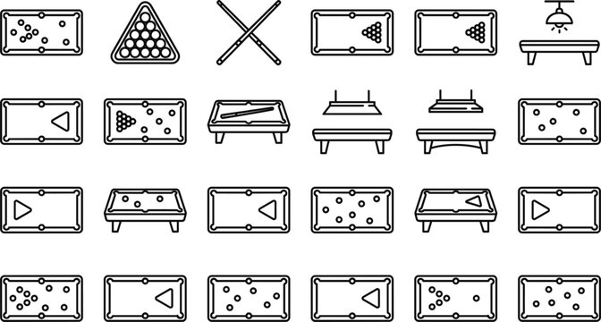 Pool and Billiards Table Top View Line Icon Set with Cue Balls Rack and Game Layout Elements