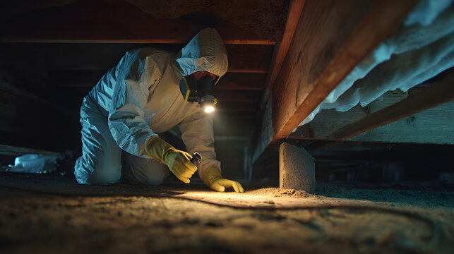 The worker is checking the crawlspace for signs of pest infestation and using tools to discover and resolve hidden problems below the floor.
