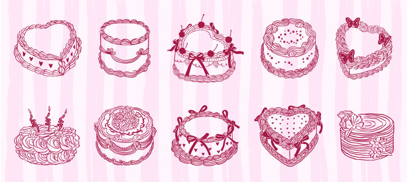 floral cake vintage style hand drawn doodle sketch vector illustration collection set