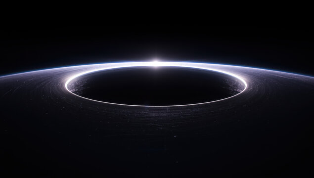 Ring of light over dark planet horizon with glowing sunrise
